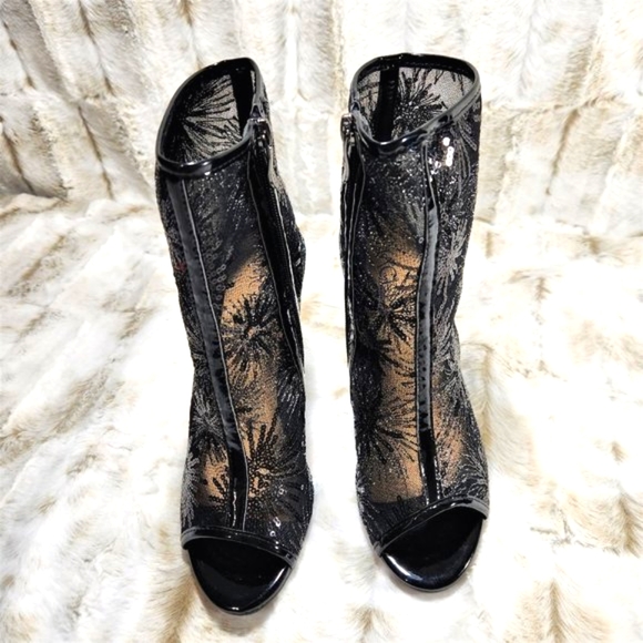 ☆ Mack J Black Mesh Starburst Sequin High Heel Ankle Boots - Picture 9 of 12